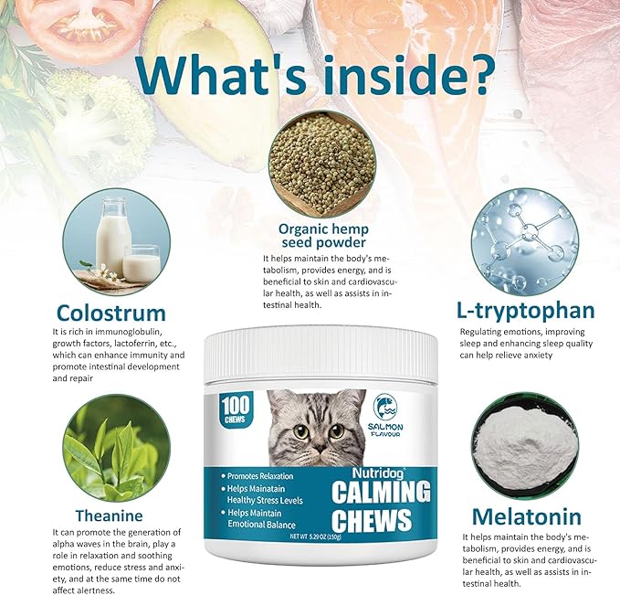 Cat Calming Treats - 100 Count Salmon Chews with Organic Chamomile & Ginger, Stress Relief Supplement for Separation Anxiety, Vet Visits & Thunderstorms (Salmon)-PawvioPets
