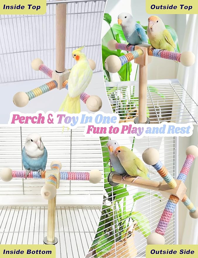 Bird Stand Perch Toy for Small & Medium Birds, 360° Rotating Natural Wooden Parrot Perchs for Bird Cages, Interactive Spinning Toy fo Parrot Parakeets Cockatiels Lovebirds Conures Finches Budgies-PawvioPets