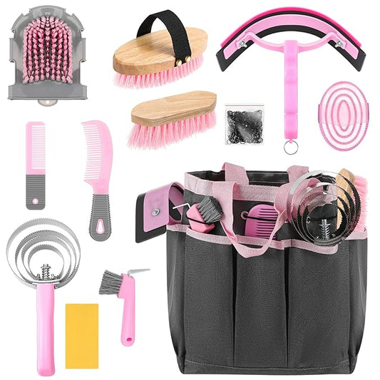 Abbylike 12 Pieces Horse Grooming Kit with Organizer Tote Bag Tack Room Supplies Horse Brush Sets Equine Care Cleaning Kit Shedding Grooming Massaging Tools(Pink and Grey)-PawvioPets