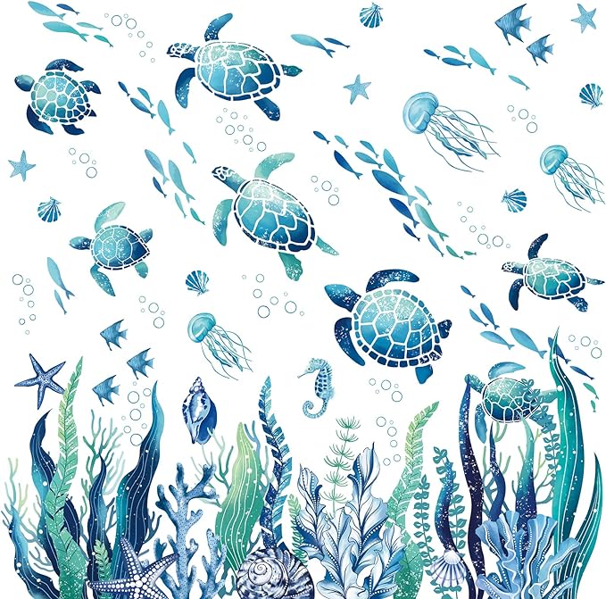 decalmile Under The Sea Seaweed Wall Decals Sea Turtle Ocean Grass Jellyfish Wall Stickers Baby Nursery Bedroom Bathroom Wall Decor-PawvioPets