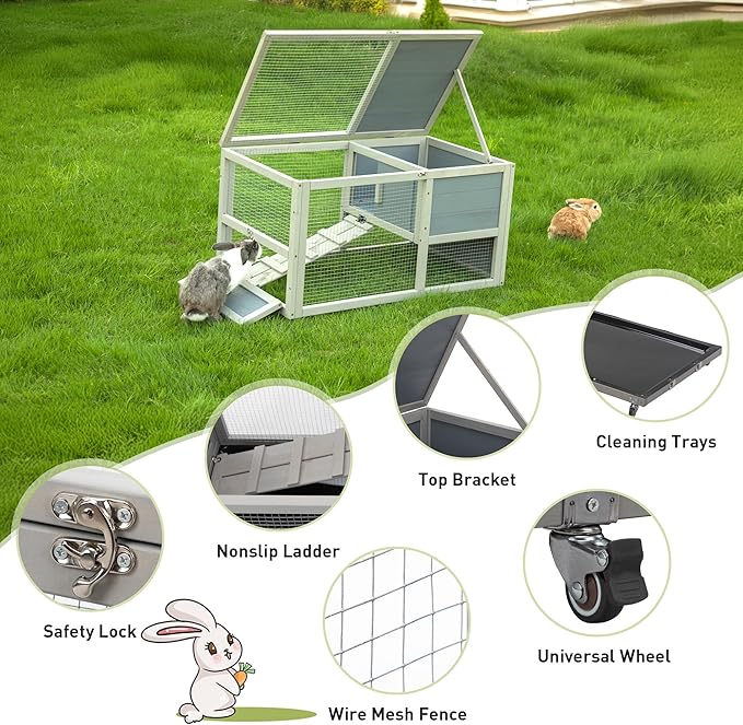 COZIWOW Wooden 36Inches Rabbit Hutch Outdoor with Wheels Bunny Cage Indoor Rabbit Cage with Clean Tray, Openable Roof, Anti-Slip Ramp for Small Bunny (Grey with Pattern)-PawvioPets