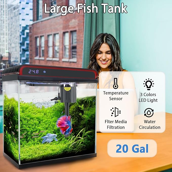 20 Gallon Fish Tank, Large Smart Aquarium with Self-Cleaning Pump 3 Color Lights Water Temperature Detection System, Smart Fish Tank for Betta Shrimp Guppy Goldfish Beta, Home Decor Gift with Tank-PawvioPets