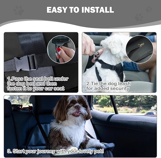 2 and 1 Center Console Dog Car Seat & Carrier for Small Dogs, Large Leather Dog Car Bed with Storage Pocket, Waterproof PVC Leather Seat Travel Bed for Front & Back Seat, Clip-On Safety Leash-PawvioPets