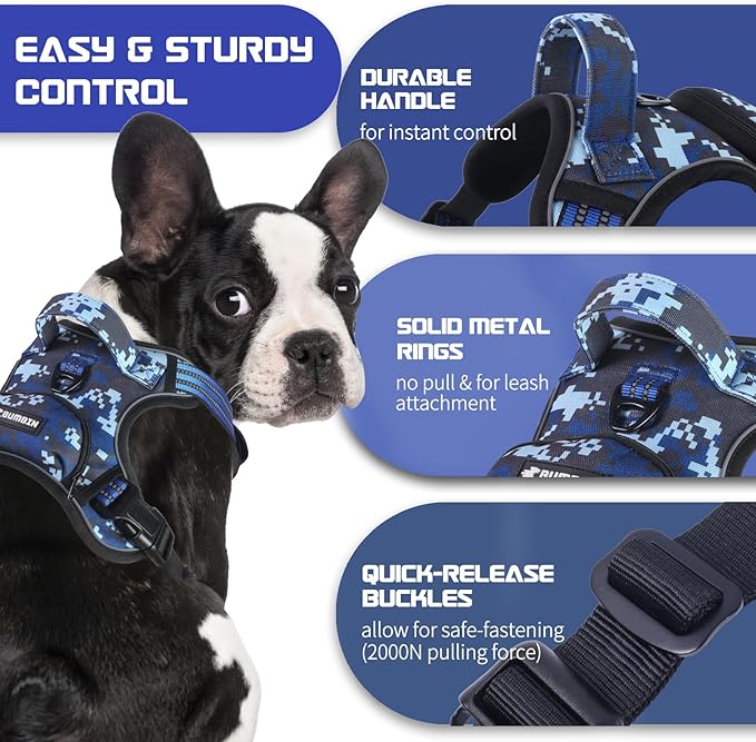 BUMBIN Dog Harness for Large Dogs, No Pull Adjustable No Choke Pet Vest with Dog Leash Fit Smart Reflective Pet Walking Harness for Training Easy Control Soft Handle Blue Camo M-PawvioPets