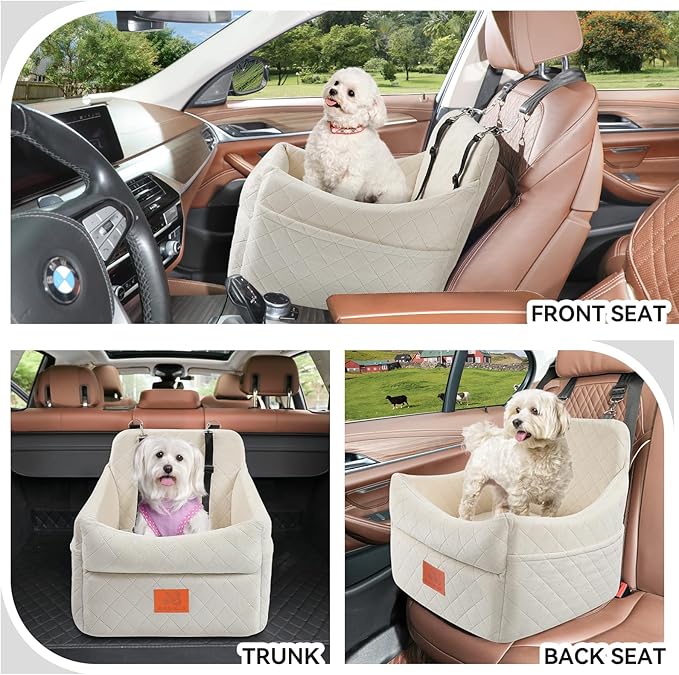 Dog Car Seat for Small/Medium Dogs, Dog Booster Car Seats with Thick Cushion for Dogs Under 35lbs, Detachable Washable Pet Carseat with Storage Pockets, 2 Safety Belts(Beige)-PawvioPets