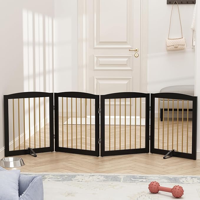Freestanding Pet Gate for Dogs, Foldable Wooden Dog Gate for House, Indoor Dog Gate for Stairs, Doorways, Step Over Pet Puppy Safety Fence, 80 Inch Wide, 4 Panels 24", Black & Gold-PawvioPets