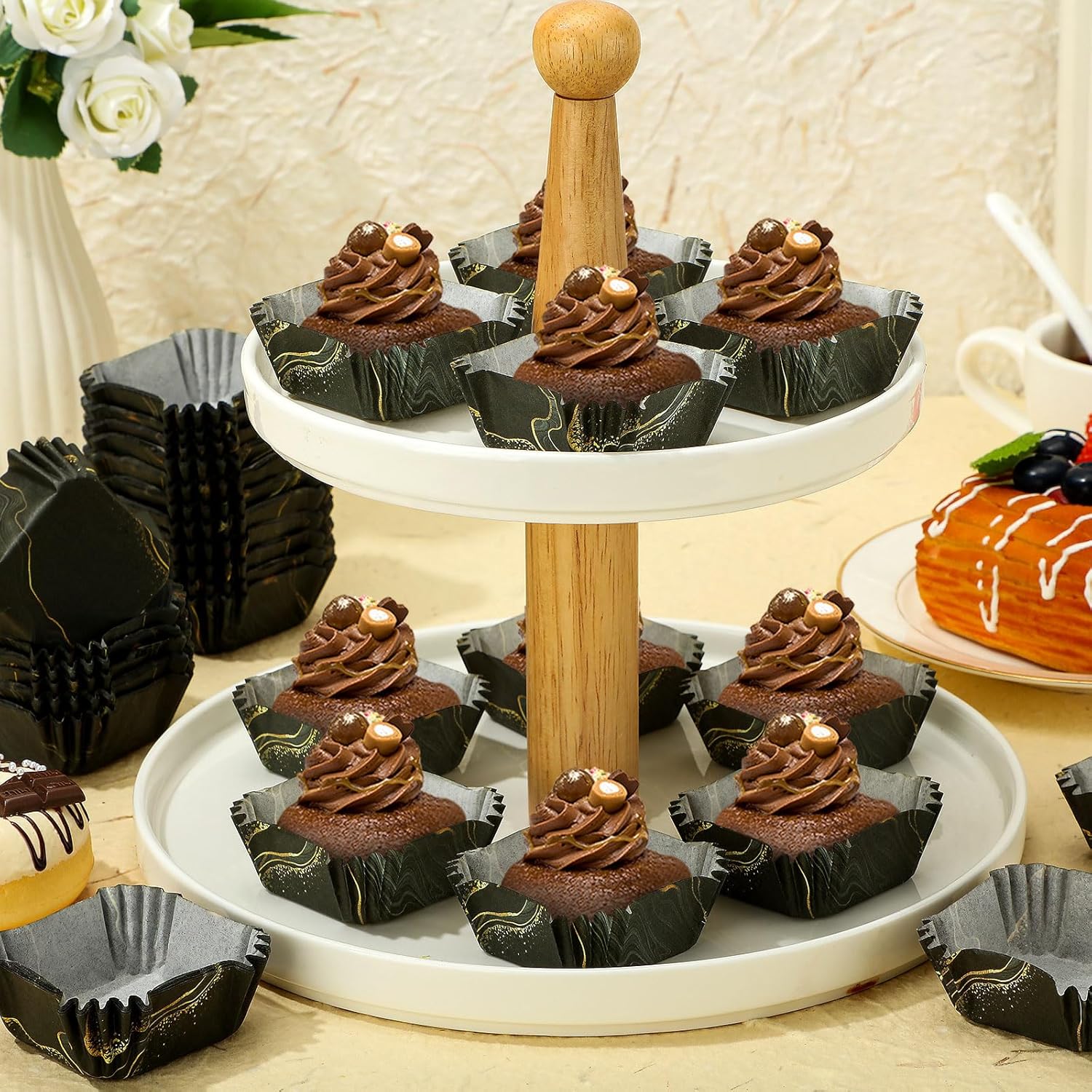 Tanlade 350 Pcs Square Mini Cupcake Liners Disposable Brownie Baking Pan Liners 1.77 Inch Paper Baking Cup for Cup and Cupcakes Party Supplies for Weddings Birthdays Bridal Showers(Black Marble)