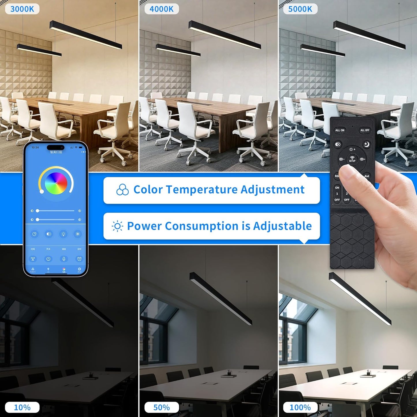 8FT LED Linear Light, 100W 15000lm Dimmable Suspended Linear Light, Linkingable Connection, 3000-6000K Color Changing, Prefect for Office Shop, Gym ETL-Listed 2-Pack