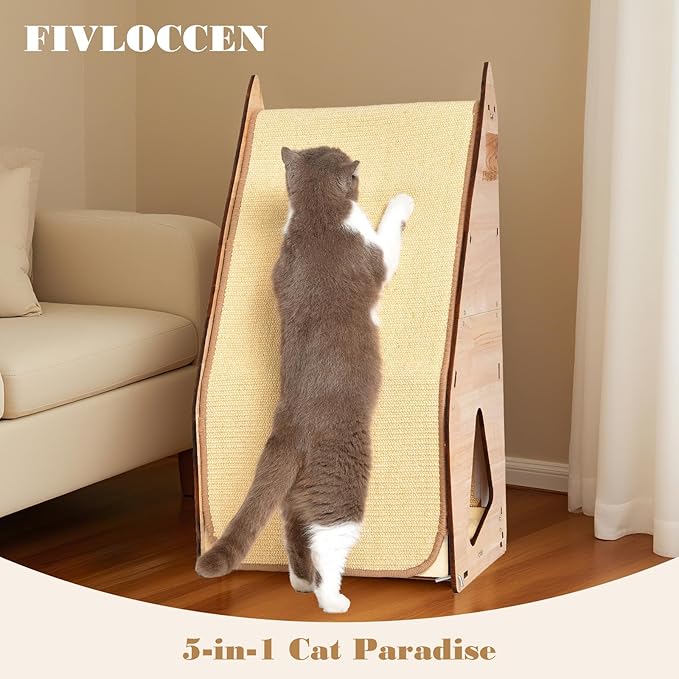 24in Multi-Functional Cat Furniture: Sisal Scratching Posts & Sturdy 3D Wood Frame for Indoor Cats, Integrated Cat Condo Hideout Tunnel All-in-One Space Saver for Multi-Cat & Budget-Friendly-PawvioPets