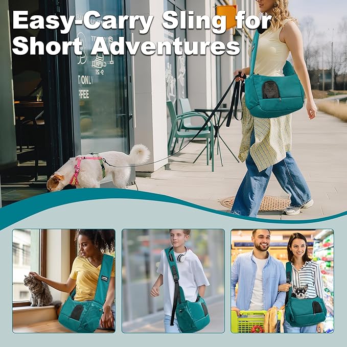 Dog Sling Carrier for Small Pets, Hands-Free Cat Carrier Pouch up to 8.8 lb, Cat Sling with Safety Strap and Pockets, Ideal for Travel and Daily Use, Peacock Blue-PawvioPets