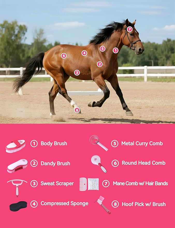 9PCS Horse Grooming Kit Curry Comb Sweat Scraper Horse Bathing Supplies Grooming Tools with Storage Bag Pink Garnet-PawvioPets