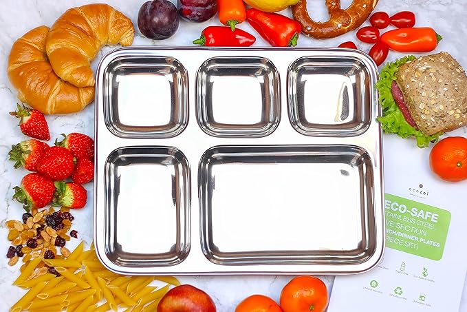 Extra Large Premium Stainless Steel Dinner Plates, 5 Compartments, Set of 2 | Eco Friendly Dinnerwear for Camping, Portion Control, Meal Prep, Lunch, and Party-PawvioPets