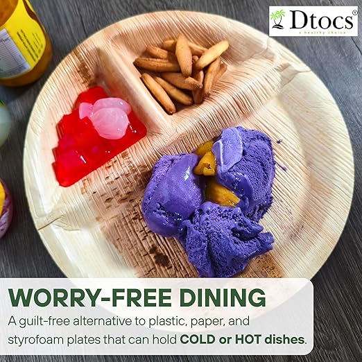 Dtocs 3 Compartment Plates (50 Pc) Palm Leaf 10 Inch Round Portion Control Buffet Sectional Plate | Bamboo Plates Disposable Like Compostable Camping Dinnerware Stronger than Divided Paper, Styrofoam-PawvioPets