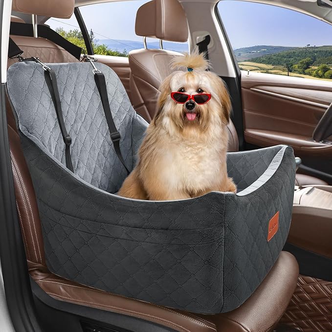 Dog Car Seat for Dogs Up to 35lbs,Fully Detachable and Washable,Memory Foam Covered Soft Fabric,Easy to Install with Adjustable Straps,Anti-Slip Bottom,Two Side Pockets(Black/Grey,Medium)-PawvioPets