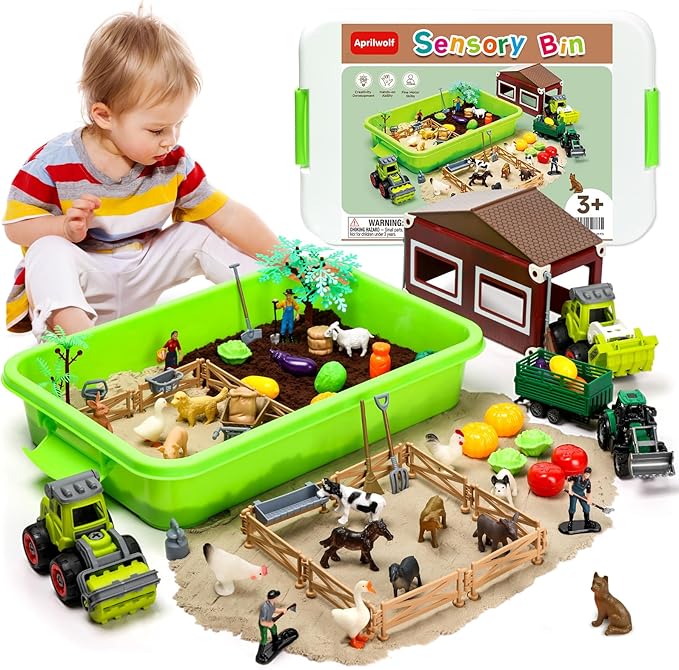 69 PCS Farm Sensory Bin Toys Playset, Sandboxes with Sand, Farmer Tractor & Farm Animals Figures Toys for Kids 3 4 5, Gifts for 6 7 Years Old Boys Girls Toddlers-PawvioPets