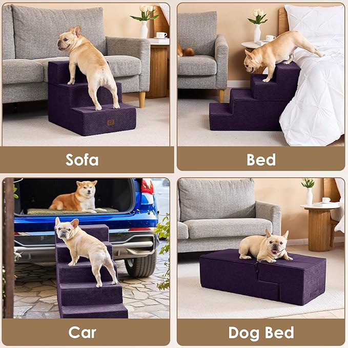 EHEYCIGA Dog Stairs for Bed 20" H, 4-Step Extra Wide Dog Steps for High Bed, Pet Steps for Small Dogs and Cats, Non-Slip Balanced Pet Ramp Indoor, Purple-PawvioPets