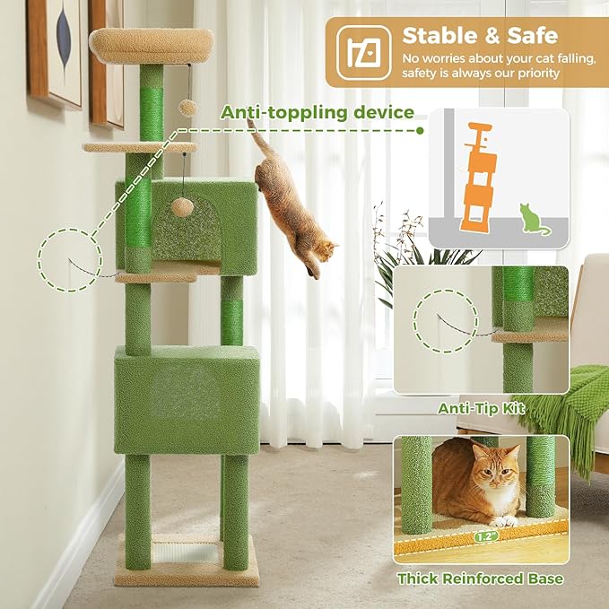 Cactus Cat Tree, 62-Inch Large Cat Tower for Multi-Cat Households w/Scratching Posts, Multi-Level Condo w/Cozy Top Perch & Scratching Pad, Padded Platform, 2 Pompoms, Green-PawvioPets