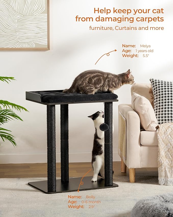 FourFurPets 26.7in Cat Tree Tower Condo, Cat Scratch Posts for Indoor Cats, Big Plate, Three 23.6in Full Sisal Scratching Posts, Black-PawvioPets