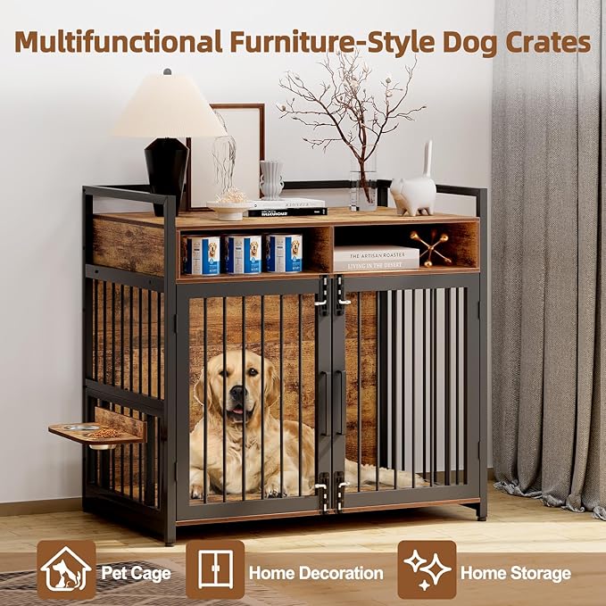 Furniture Style Dog Crate with Storage, 48 Inch Dog Crate Furniture with Double Doors, 2 Stainless Steel Bowls, Dog Crate Furniture-Style Crate for Large/Medium Dog-PawvioPets