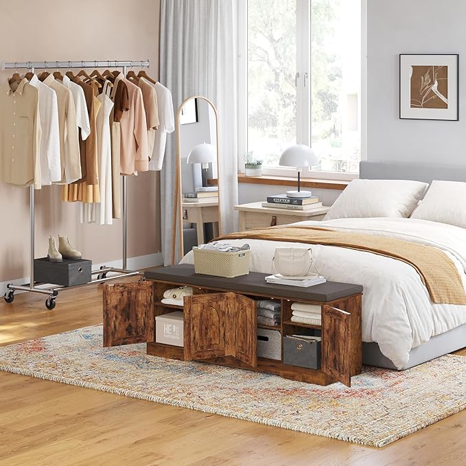 DINZI LVJ Shoe Bench, Entryway Storage Bench with Doors, Cushion, 2-Tier Shoe Rack with 8-Cubby, 47.2”L x 13.8”W Shoe Organizer Cabinet, Adjustable Shelf, Living Room, Bedroom, Rustic Brown-PawvioPets