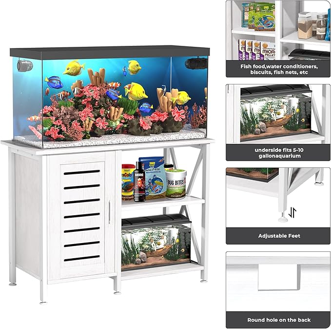 40-50 Gallon Fish Tank Stand, Aquarium Stand with Cabinet Accessories Storage, Heavy Duty Metal Frame, 40.55" L*18.89" W Tabletop, 850LBS Capacity, White PG02YGW-PawvioPets