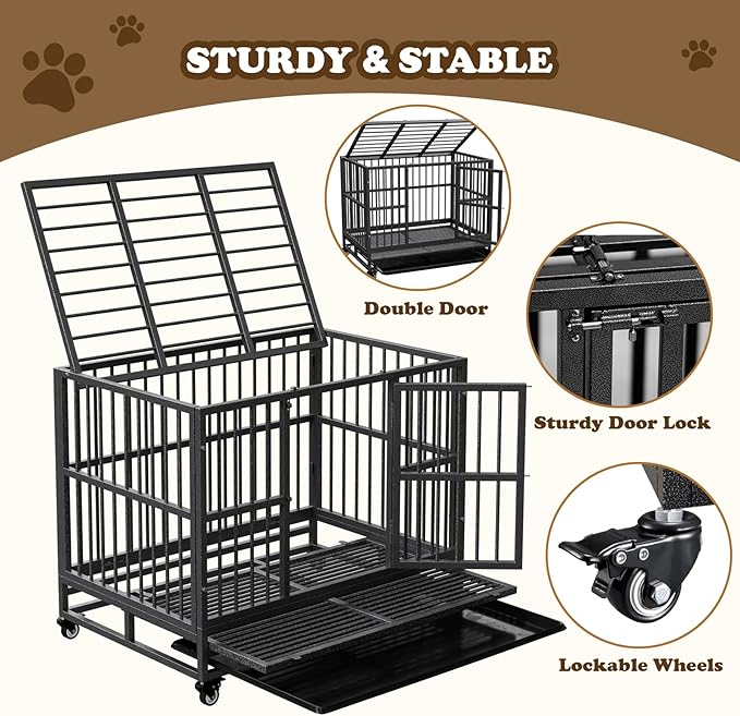 Dog Crate with Removable Tray, 37/42/46 Inch Indestructible and Escape Proof Steel Dog Cage Kennel for High Anxiety Dogs, Heavy Duty Dog Crate with Wheels, Double Door, Extra Large XL XXL-PawvioPets