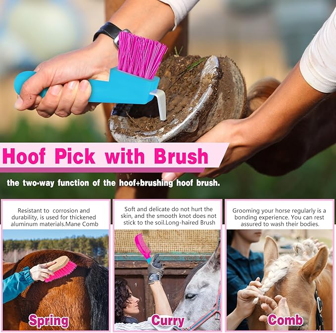 Abbylike 12 Pieces Horse Grooming Kit Racing Festival Tack Room Supplies Horse Brush Sets Equine Care Cleaning Kit Shedding Grooming Massaging Tools(Rose Red)-PawvioPets