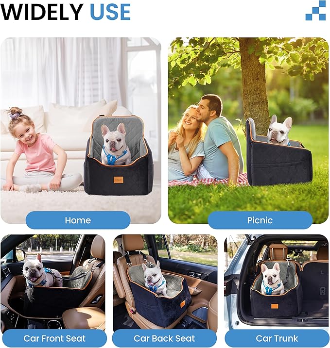 Dog Car Seat for Small Dogs - Puppy Car Seat with Safety Strap & Waterproof Padding, Portable Pet Carrier for Cars, Trucks & SUVs, Comfortable Elevated Bed for Pets Up to 35lbs (Black/Grey)-PawvioPets