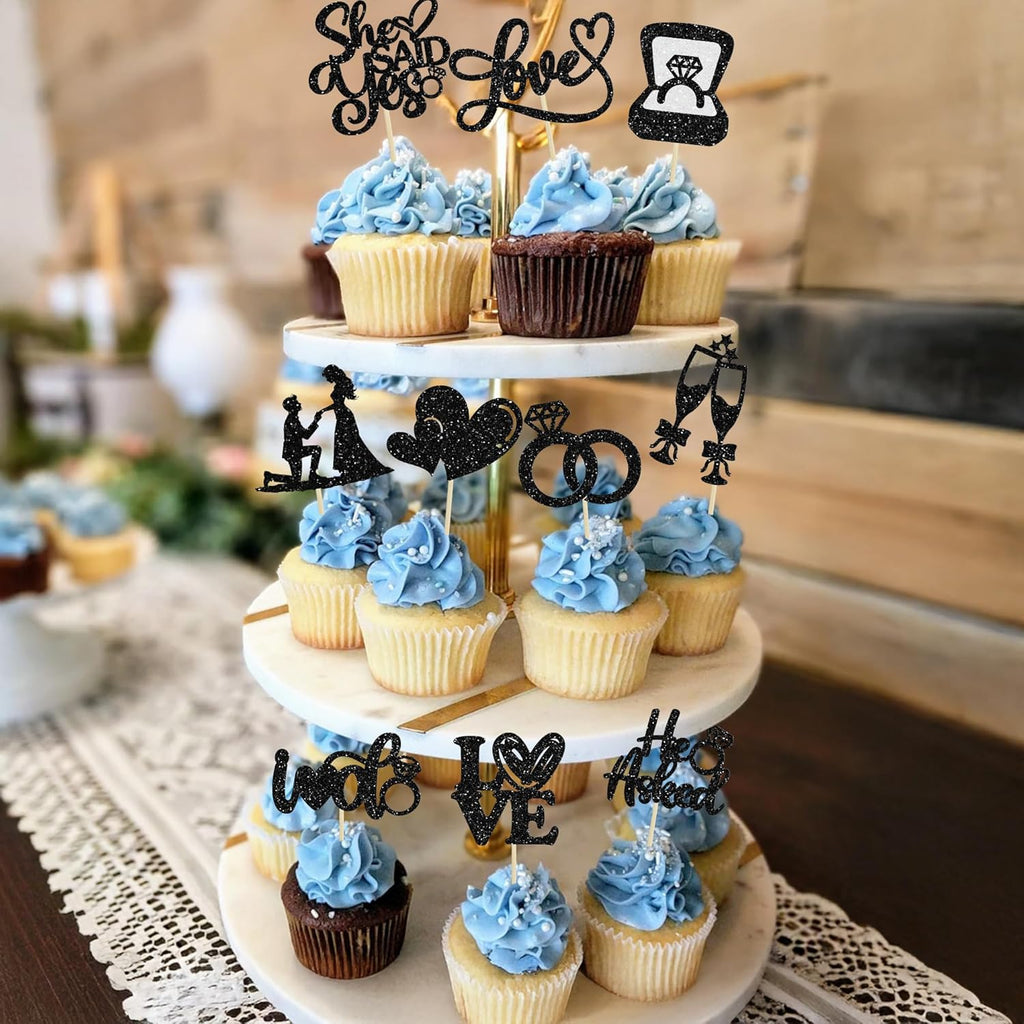 Ephlyn 30Pcs He Asked She Said Yes Cupcake Toppers Glitter Engagement Cupcake Toppers Diamond Ring Heart Love I Do Cupcake Picks for Engagement Wedding Party Cake Decorations Black
