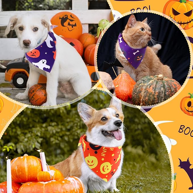 Abbylike 50 Pcs Halloween Dog Bandanas Bulk Pumpkin Bandanas for Dogs Triangle Kerchief Bibs Scarf Set for Pet Halloween Costume Photo Props Accessories Pet Shops, 25 Styles (25.6 x 17.7 x 17.7")-PawvioPets