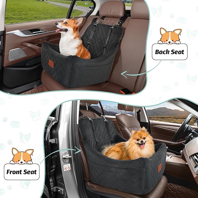 Dog Car Seat for Dogs Up to 35lbs,Fully Detachable and Washable,Memory Foam Covered Soft Fabric,Easy to Install with Adjustable Straps,Anti-Slip Bottom,Two Side Pockets(Black,Medium)-PawvioPets
