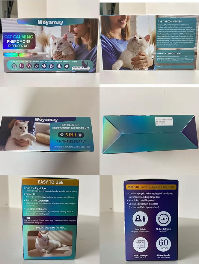 Cat Calming Diffuser - Cat Pheromones Calming Diffuser for Cat Anxiety Relief 3-in-1 Cat Pheromone Diffuser Kit with 1 Diffuser + 2 Refill 48ml Vial - 60 Days Pheromone Diffuser to Calm Cats-PawvioPets