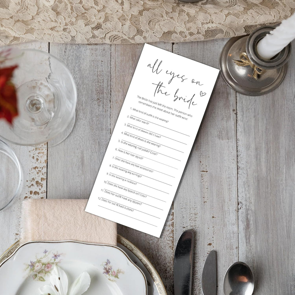 Bridal Shower Games, All Eyes On The Bride, 25Pcs 4x9inch Minimalist White Double-Sided Bridal Game Cards, Wedding Shower Games for Guests, Engagement Bachelorette Party Supplies - A20