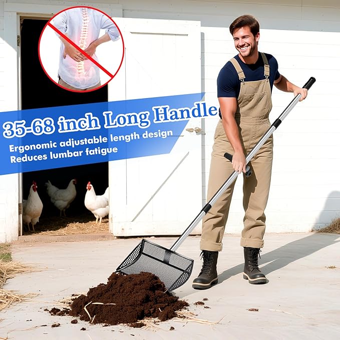 12 Inch Chicken Poop Scooper & Rake 2-in-1, Large Metal Shovel Head, Rubber Handle Stainless Steel Chicken Litter Scoop for Chicken Coops, Litter Screening Scoop (35 to 65in) US Patent Pending (Black)-PawvioPets