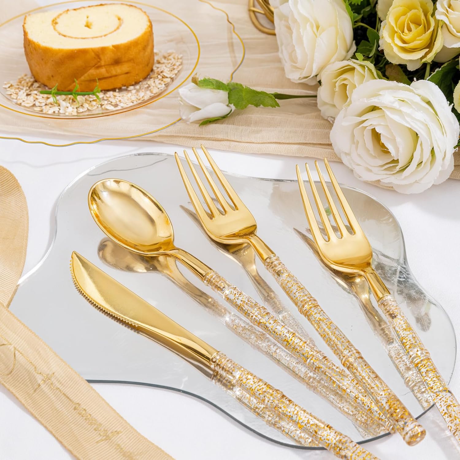 Liacere 150PCS Clear Gold Plastic Plates - Disposable Plastic Silverware with Glitter Bamboo Handle Cutlery-Baroque Clear Gold Disposable Plates for Wedding & Party & Thanksgiving &Fall Decor
