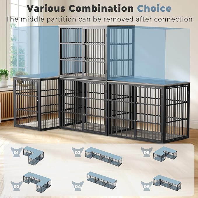 48'' XXL Dog Crate Furniture with 3 Doors, Wooden Crate End Table Heavy Duty Indoor Combination Cage for Medium to Large Dogs, Multiple Units Can be Combined, Grey-PawvioPets