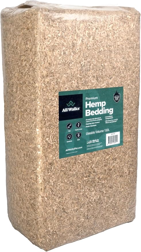All Walks 150 Liter(30 lbs) Hemp Bedding for Chicken Coops, Hampters, Ducks, and Turkeys - 100% Natural, Superior Odor Control, Biodegradable Pet Bedding, Dust-Free - Made in USA-PawvioPets