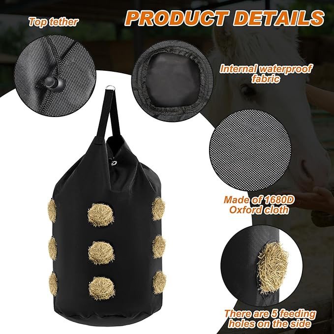 2 Pcs hay Bags for Horses Goats Slow Feed 1680D Oxford Bag Black Large Capacity Net Open Feed Hole Hay Holder for Horse Goats Sheep(15 Holes)-PawvioPets