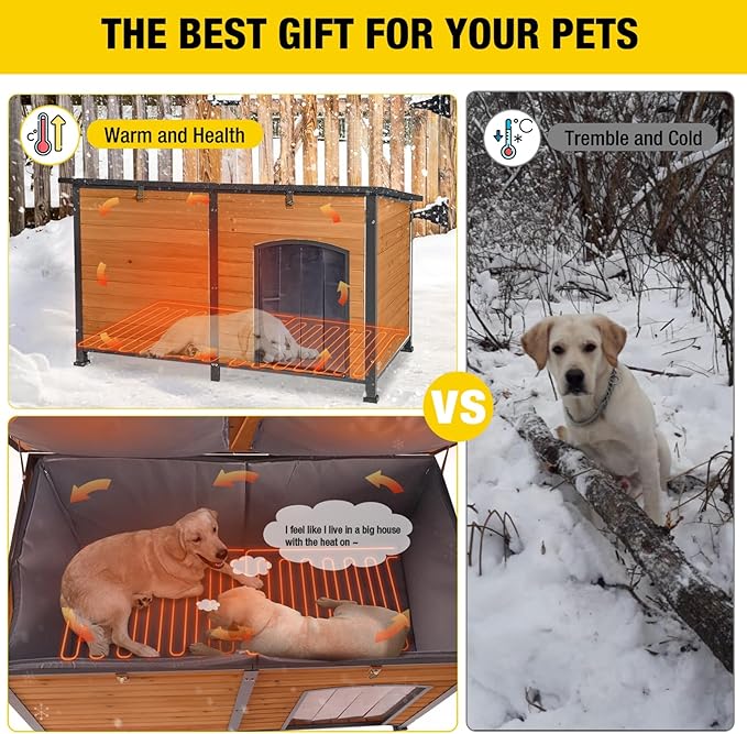 Aivituvin Extra Large Dog House Outdoor Heated Dog Kennel with Insulation Liner for Winter Strong Iron Frame Insulated Dog Cage with Heater,59"-PawvioPets