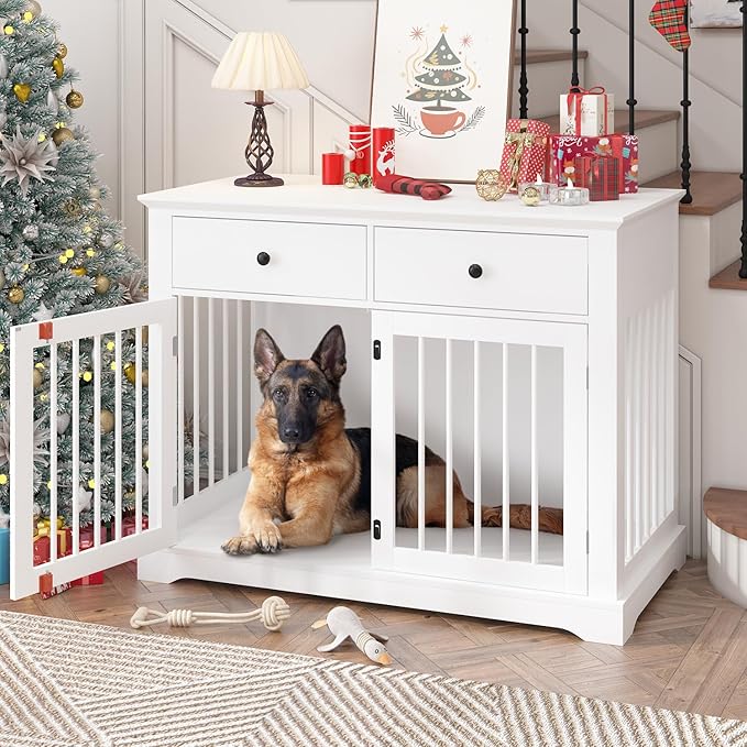 Dog Crate Furniture, 44 Inch Wooden Dog Kennel Indoor with 2 Storage Drawers, Heavy Duty Large Crate Furniture, Decorative End Table Cage Furniture for Small/Medium/Large (White)-PawvioPets