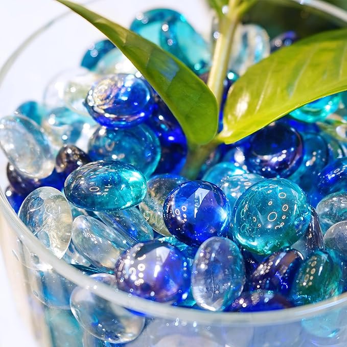 2LB Blue Mix Flat Glass Marbles for Vases, Mancala Stones Gemstone Beads Vase Filler Decorative Glass Pebbles for Fish Tank, DIY Crafts, Aquarium Decor Rocks-PawvioPets
