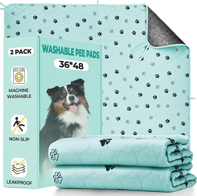 Fostanfly Washable Pee Pads for Dogs, 2 Pack Large 36"x48" Ultra-Absorbent and Leak-Proof Non-Slip Reusable Potty Training Pads for Dogs, Cats, Puppy, Potty of Add 8 Lanyards, Green-PawvioPets