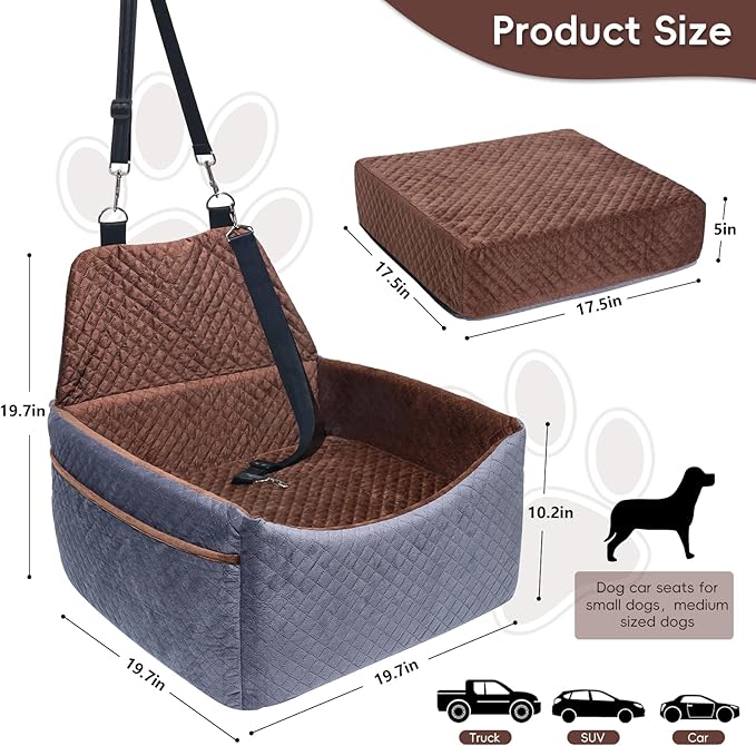 Dog Car Seat for Small Medium Dogs, Soft Fabric Dog Booster Seat with Storage Pockets, Safety Belt, Comfy Pet Car Seat Travel Bed, Removable and Washable-PawvioPets