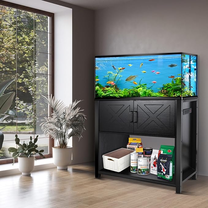 40 Gallon Tank Stand with Cabinet and Power Outlets, Heavy Duty Metal Aquarium Stand for 40-50 Gallon Breeder Tank, Turtle Tank, Double Terrarium Stand, 660LBS Capacity, Black-PawvioPets
