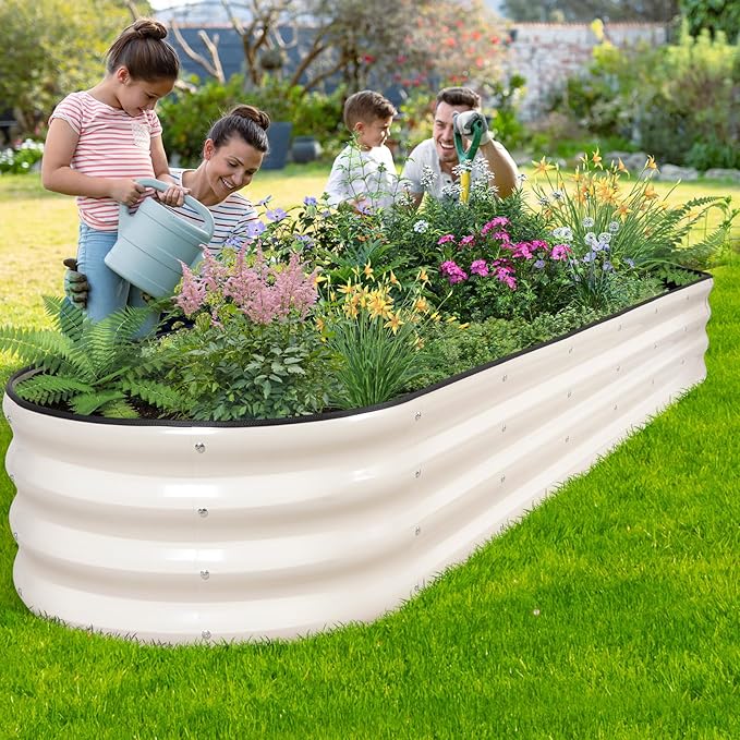 Galvanized Raised Garden Bed - 8×2×1ft Planter Raised Beds for Gardening | Oval Metal Garden Planter Box with Safety Edging and Bracing Rods for Vegetables Fruits and Flowers (White)-PawvioPets