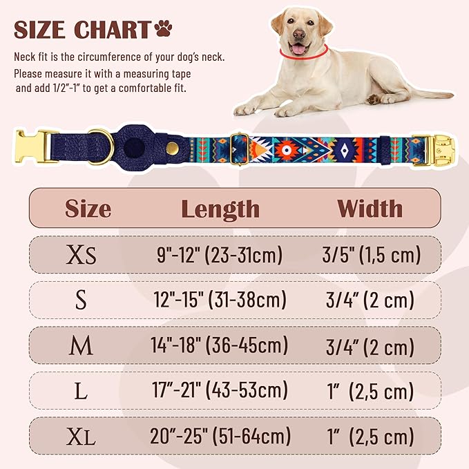 AirTag Dog Collar for Small Medium Large Breed - Adjustable Cute Pattern Dog Collar with Airtag Holder - Soft Leather Tracker GPS Apple Air Tag Pet Collars (Small, 12"-15" Neck Fit, Navajo)-PawvioPets