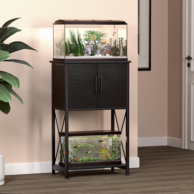 5-10 Gallon Fish Tank Stand, Metal Double Aquarium Stand with Cabinet for Fish Tank Accessories Storage, Heavy Duty 20.5" L* 11.02" W Tabletop, 500LBS Capacity Black PG06YGB-PawvioPets