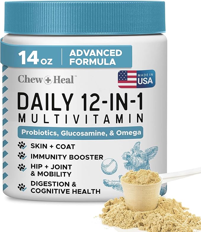 12-in-1 Multivitamin Powder for Dogs - 14 oz of Puppy and Senior Dog Vitamins and Supplements - Advanced Formula with Glucosamine, Omega 3,6,9, Vitamins, Probiotics, and More - Made in The USA-PawvioPets