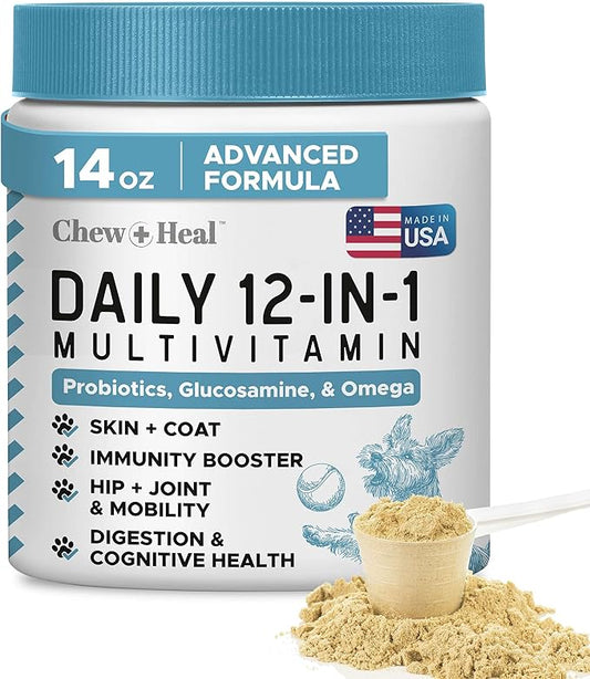 12-in-1 Multivitamin Powder for Dogs - 14 oz of Puppy and Senior Dog Vitamins and Supplements - Advanced Formula with Glucosamine, Omega 3,6,9, Vitamins, Probiotics, and More - Made in The USA-PawvioPets
