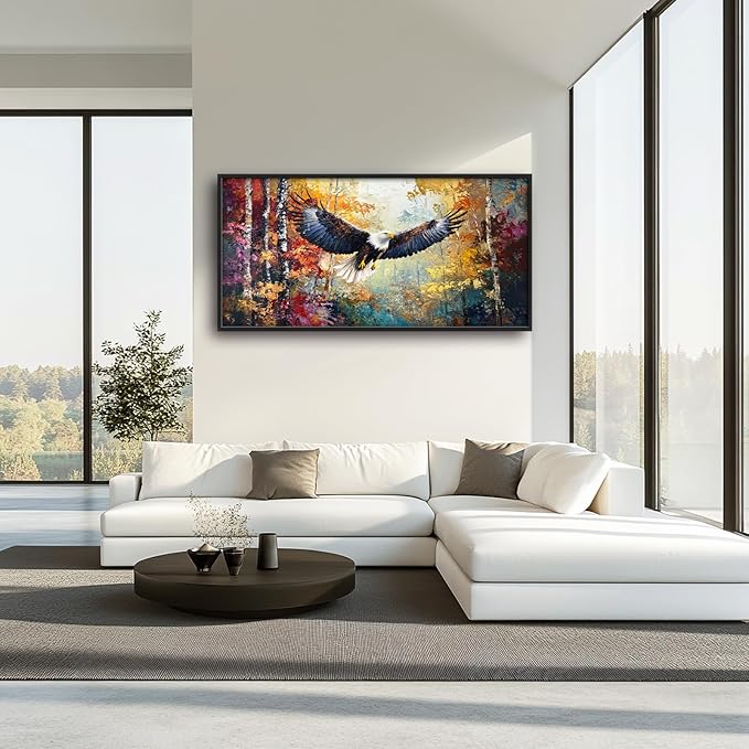 Extra Large Framed Bald Eagle Wall Art,Abstract Colorful Forest Wall Decor,Autumn Fall Forest Pictures for Living Room,Canvas Print Painting Modern Artwork Bedroom Office Home Decor 60L x 30W-PawvioPets